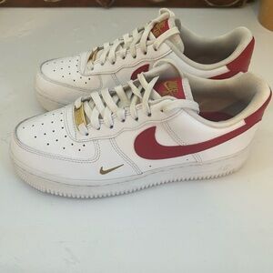 Nike White, gold and Red Nike Air Force one Sneakers size 8 pre loved.